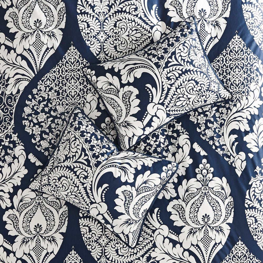 Set of Seven Indigo And White Damask Queen Ring Stitch Polyester Sham And Comforter HomeRoots