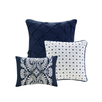 Set of Seven Indigo And White Damask Queen Ring Stitch Polyester Sham And Comforter HomeRoots