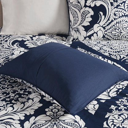 Set of Seven Indigo And White Damask Queen Ring Stitch Polyester Sham And Comforter HomeRoots