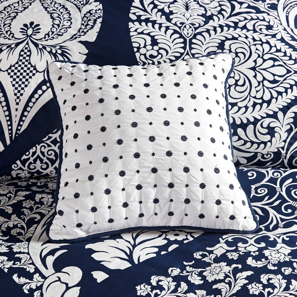 Set of Seven Indigo And White Damask Queen Ring Stitch Polyester Sham And Comforter HomeRoots