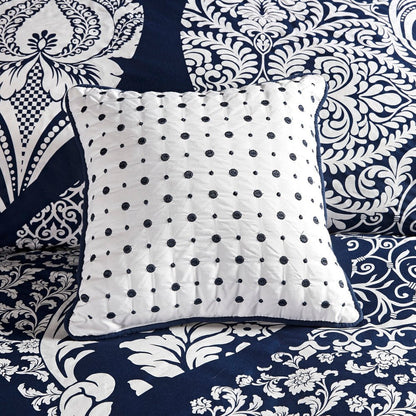 Set of Seven Indigo And White Damask Queen Ring Stitch Polyester Sham And Comforter HomeRoots