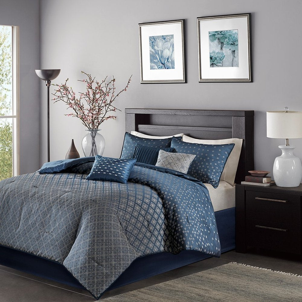 Set of Seven Navy Blue And Ivory Ombre King Ring Stitch Polyester Sham And Comforter HomeRoots