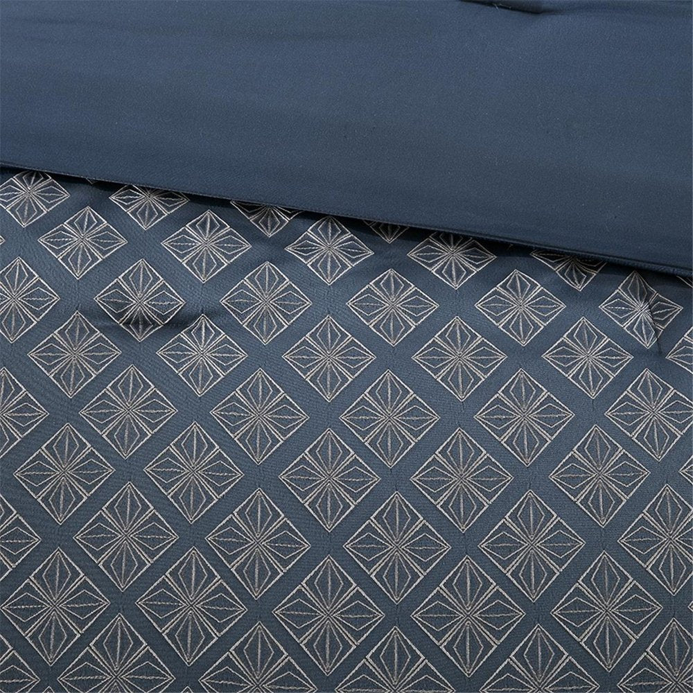 Set of Seven Navy Blue And Ivory Ombre King Ring Stitch Polyester Sham And Comforter HomeRoots