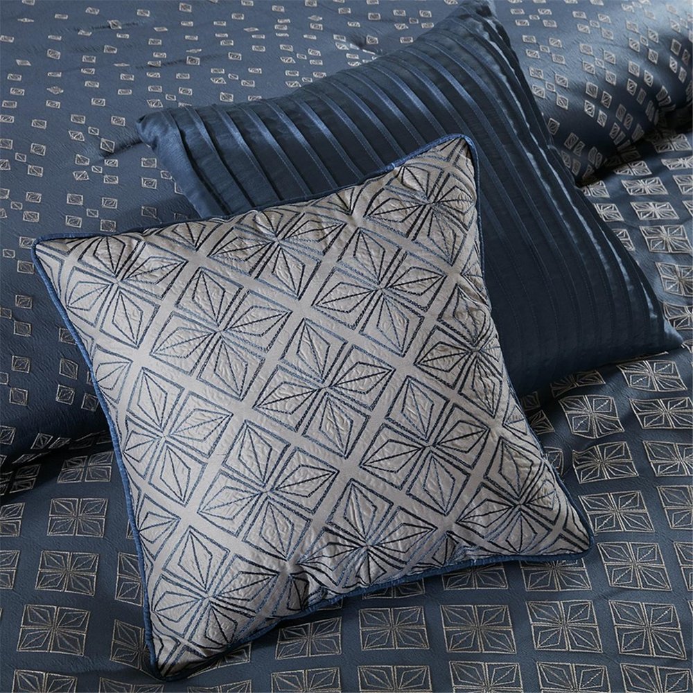 Set of Seven Navy Blue And Ivory Ombre King Ring Stitch Polyester Sham And Comforter HomeRoots