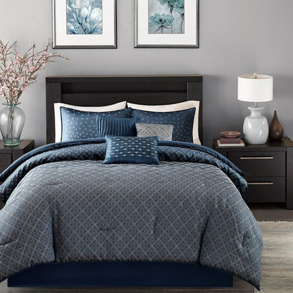 Set of Seven Navy Blue And Ivory Ombre King Ring Stitch Polyester Sham And Comforter HomeRoots