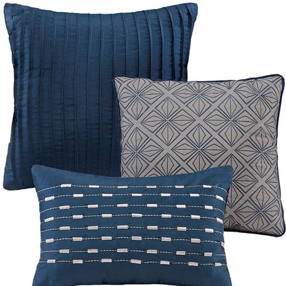 Set of Seven Navy Blue And Ivory Ombre King Ring Stitch Polyester Sham And Comforter HomeRoots