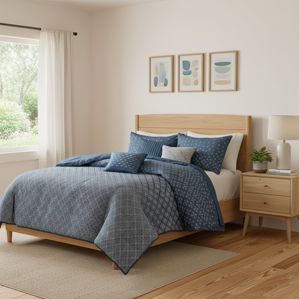 Set of Seven Navy Blue And Ivory Ombre King Ring Stitch Polyester Sham And Comforter HomeRoots