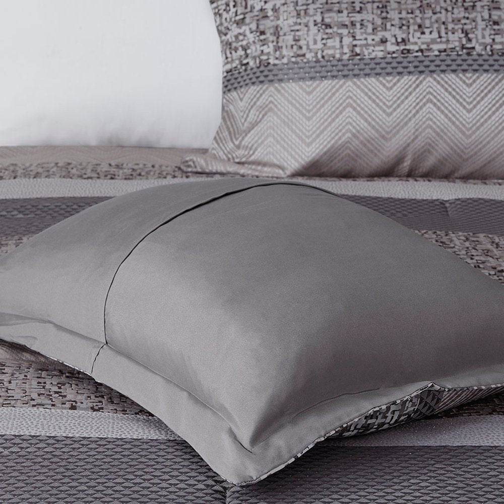Set of Seven Gray And Taupe Striped King Ring Stitch Polyester Sham And Comforter HomeRoots