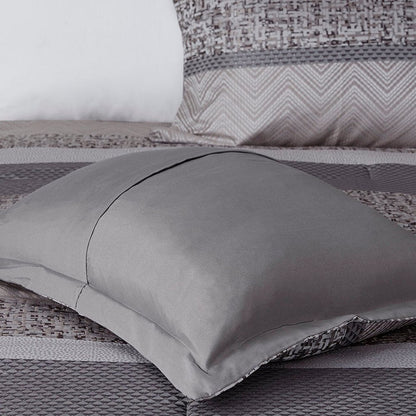 Set of Seven Gray And Taupe Striped King Ring Stitch Polyester Sham And Comforter HomeRoots