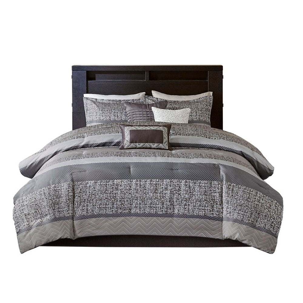 Set of Seven Gray And Taupe Striped King Ring Stitch Polyester Sham And Comforter HomeRoots