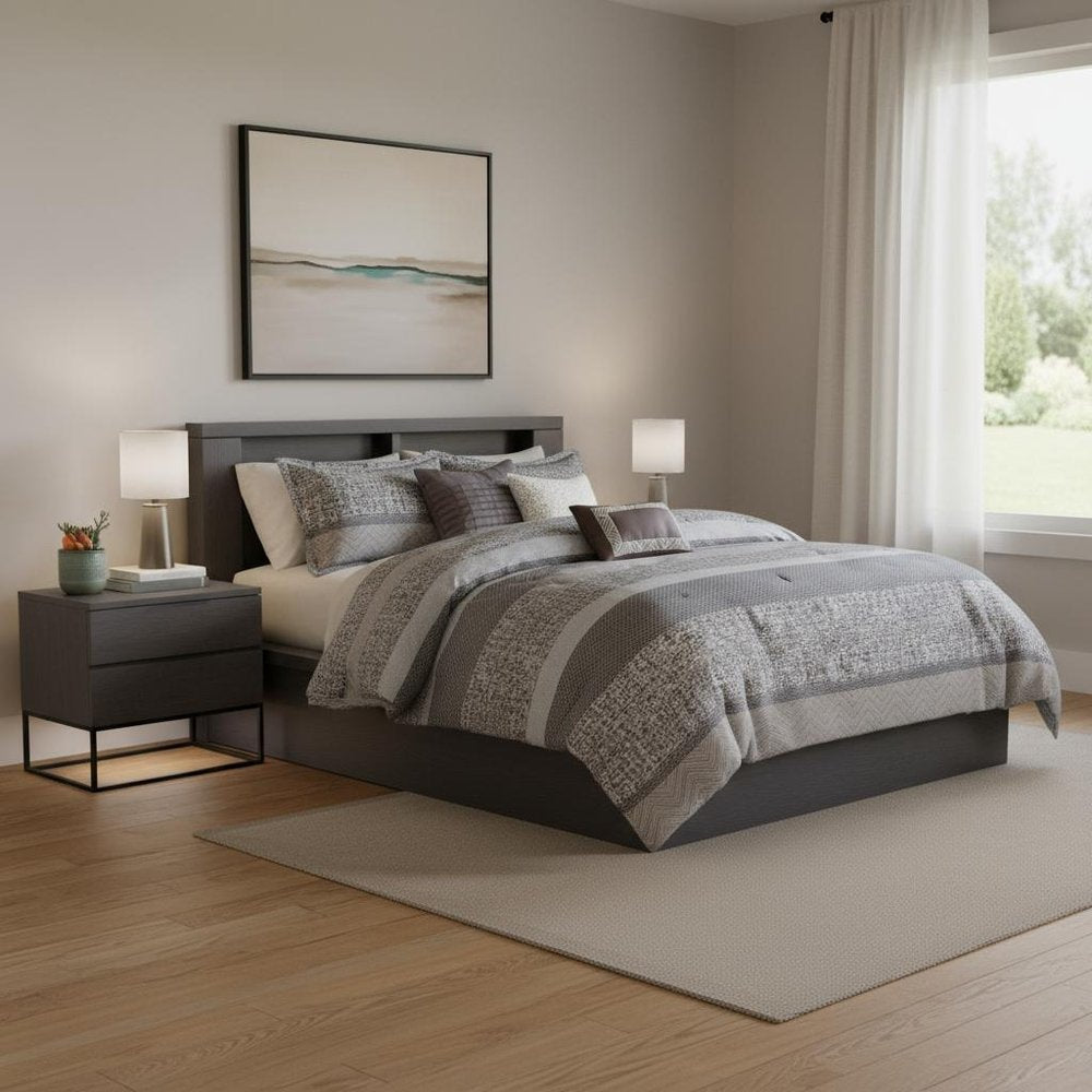 Set of Seven Gray And Taupe Striped King Ring Stitch Polyester Sham And Comforter HomeRoots