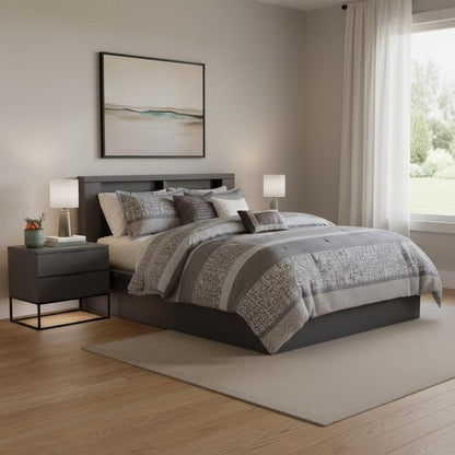 Set of Seven Gray And Taupe Striped King Ring Stitch Polyester Sham And Comforter HomeRoots