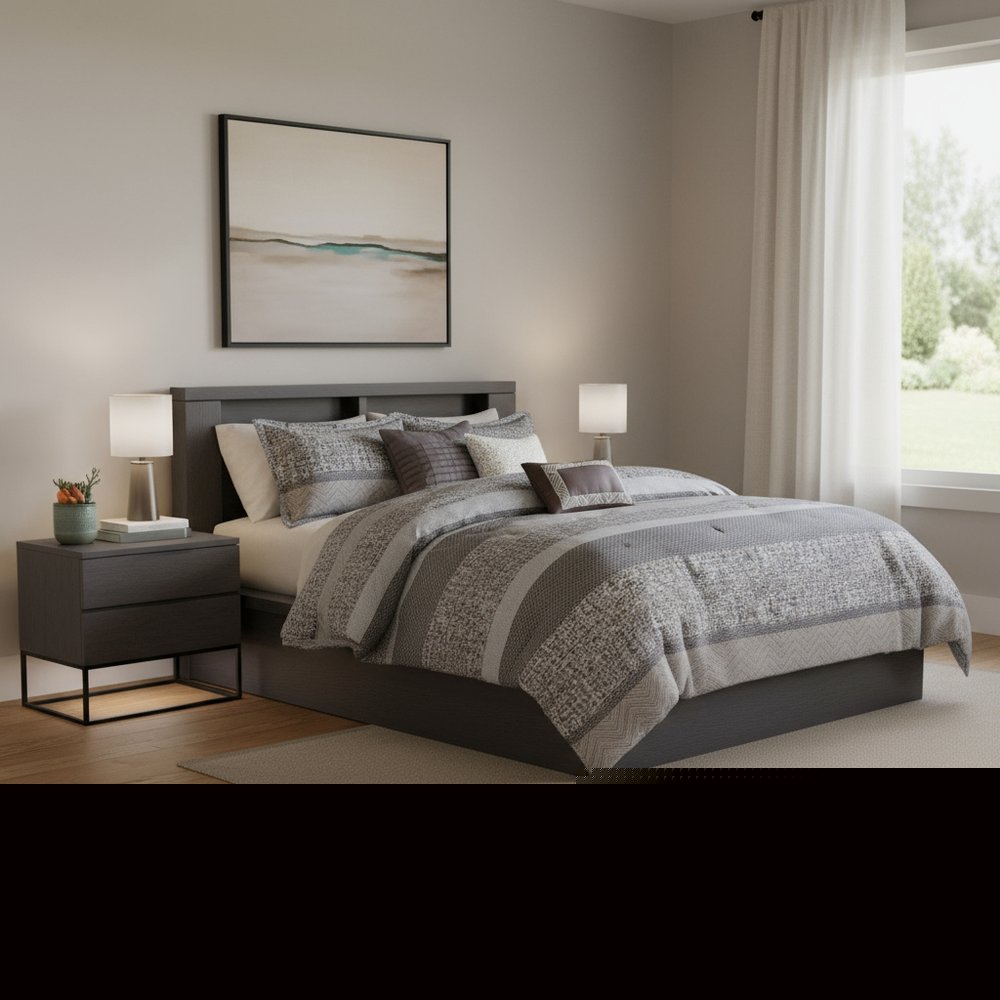 Set of Seven Gray And Taupe Striped King Ring Stitch Polyester Sham And Comforter HomeRoots