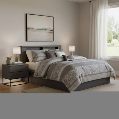 Set of Seven Gray And Taupe Striped King Ring Stitch Polyester Sham And Comforter HomeRoots