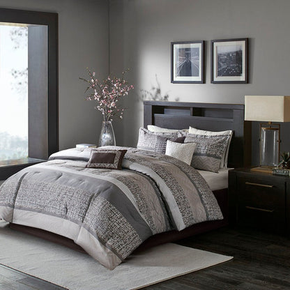 Set of Seven Gray And Taupe Striped King Ring Stitch Polyester Sham And Comforter HomeRoots
