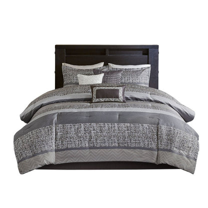 Set of Seven Gray And Taupe Striped King Ring Stitch Polyester Sham And Comforter HomeRoots