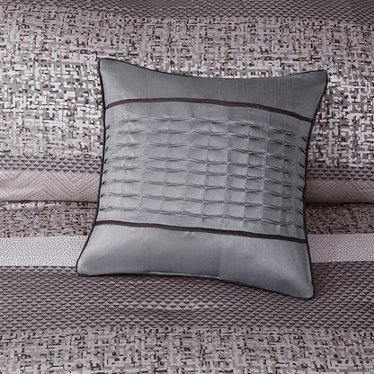 Set of Seven Gray And Taupe Striped King Ring Stitch Polyester Sham And Comforter HomeRoots