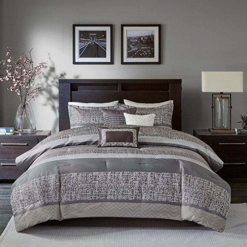 Set of Seven Gray And Taupe Striped Queen Ring Stitch Polyester Sham And Comforter HomeRoots