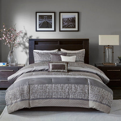 Set of Seven Gray And Taupe Striped Queen Ring Stitch Polyester Sham And Comforter HomeRoots