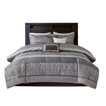 Set of Seven Gray And Taupe Striped Queen Ring Stitch Polyester Sham And Comforter HomeRoots