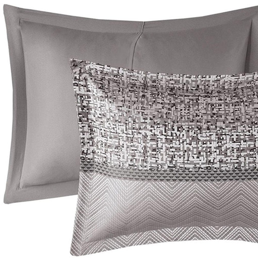 Set of Seven Gray And Taupe Striped Queen Ring Stitch Polyester Sham And Comforter HomeRoots
