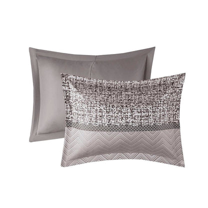 Set of Seven Gray And Taupe Striped Queen Ring Stitch Polyester Sham And Comforter HomeRoots