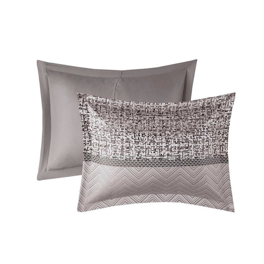 Set of Seven Gray And Taupe Striped Queen Ring Stitch Polyester Sham And Comforter HomeRoots