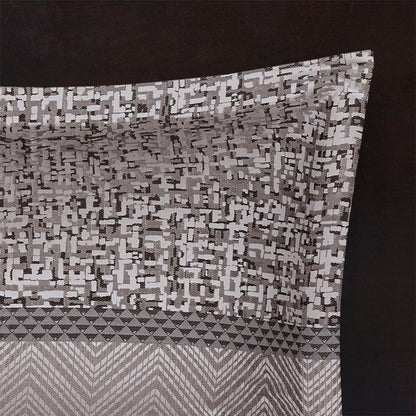 Set of Seven Gray And Taupe Striped Queen Ring Stitch Polyester Sham And Comforter HomeRoots