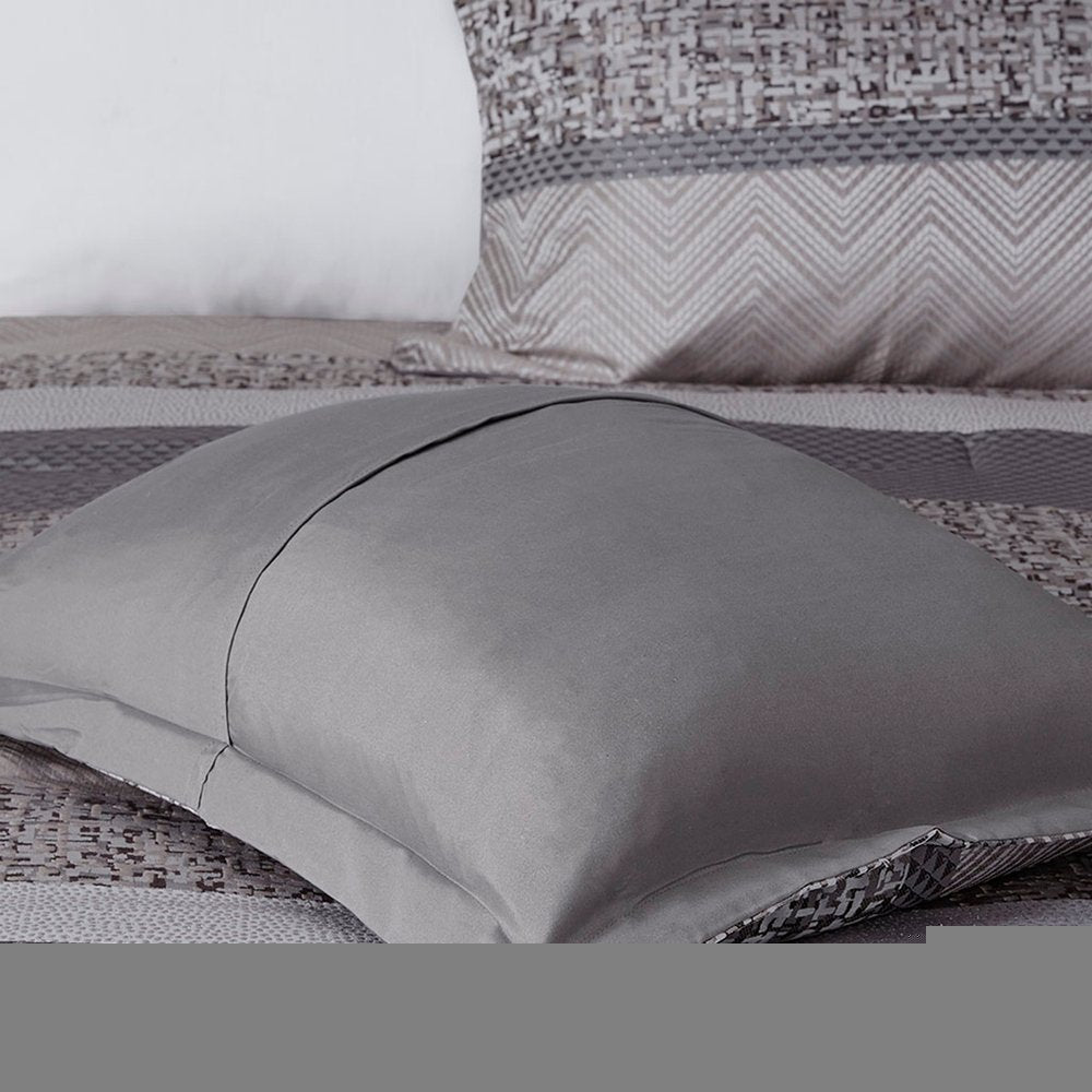 Set of Seven Gray And Taupe Striped Queen Ring Stitch Polyester Sham And Comforter HomeRoots