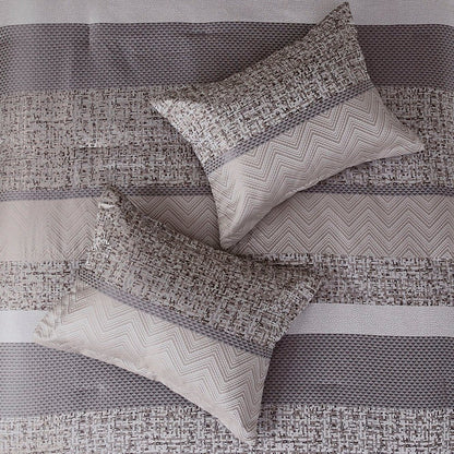 Set of Seven Gray And Taupe Striped Queen Ring Stitch Polyester Sham And Comforter HomeRoots