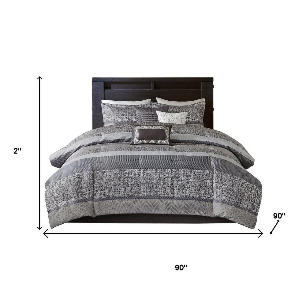Set of Seven Gray And Taupe Striped Queen Ring Stitch Polyester Sham And Comforter HomeRoots