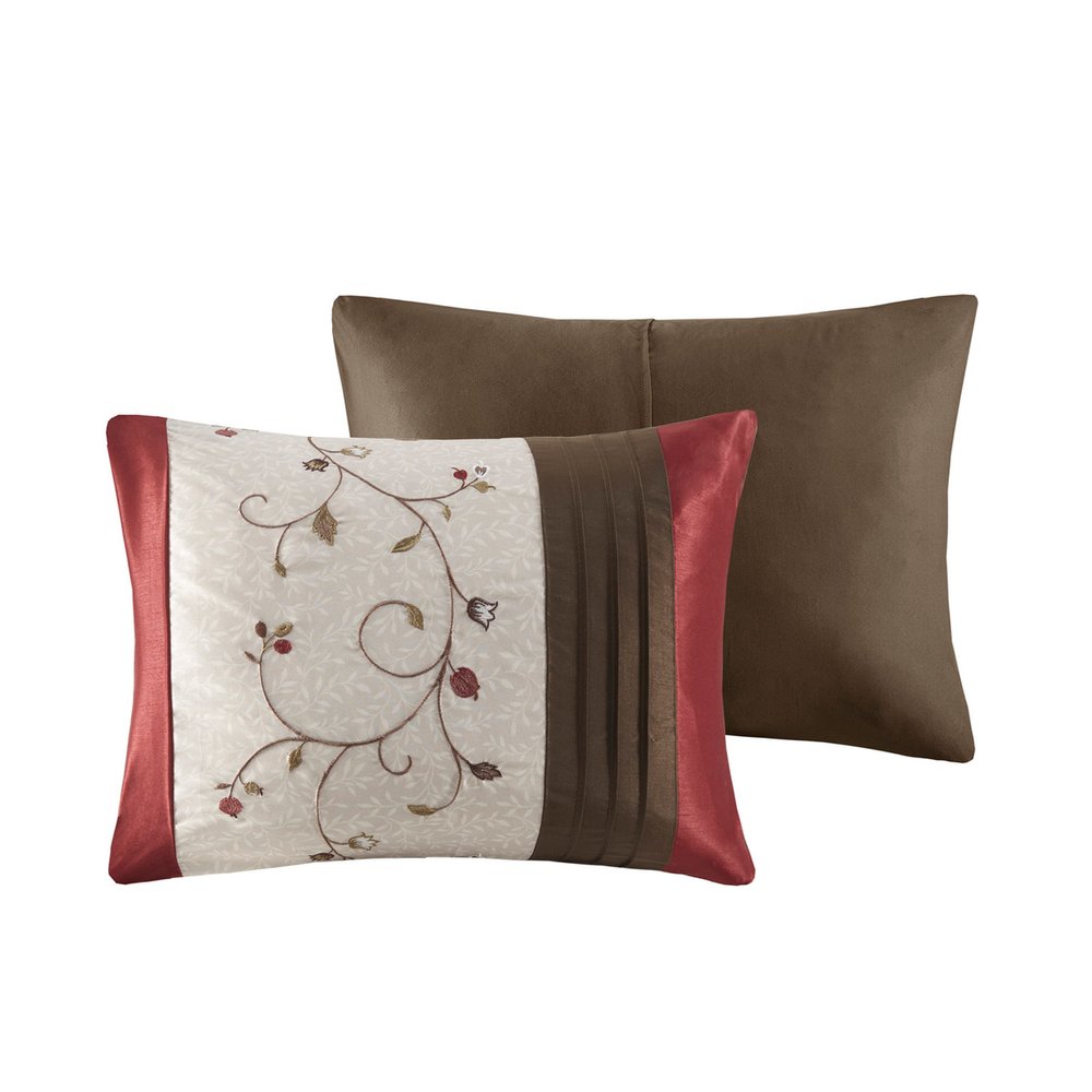 Set of Seven Red Brown And Ivory Floral King Ring Stitch Polyester Sham And Comforter HomeRoots