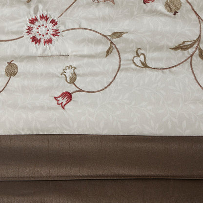 Set of Seven Red Brown And Ivory Floral King Ring Stitch Polyester Sham And Comforter HomeRoots