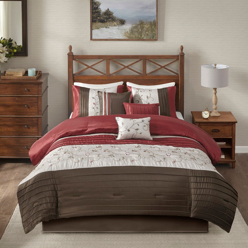 Set of Seven Red Brown And Ivory Floral King Ring Stitch Polyester Sham And Comforter HomeRoots
