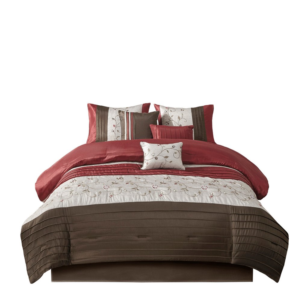 Set of Seven Red Brown And Ivory Floral King Ring Stitch Polyester Sham And Comforter HomeRoots