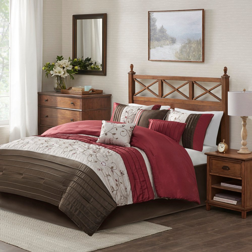 Set of Seven Red Brown And Ivory Floral King Ring Stitch Polyester Sham And Comforter HomeRoots