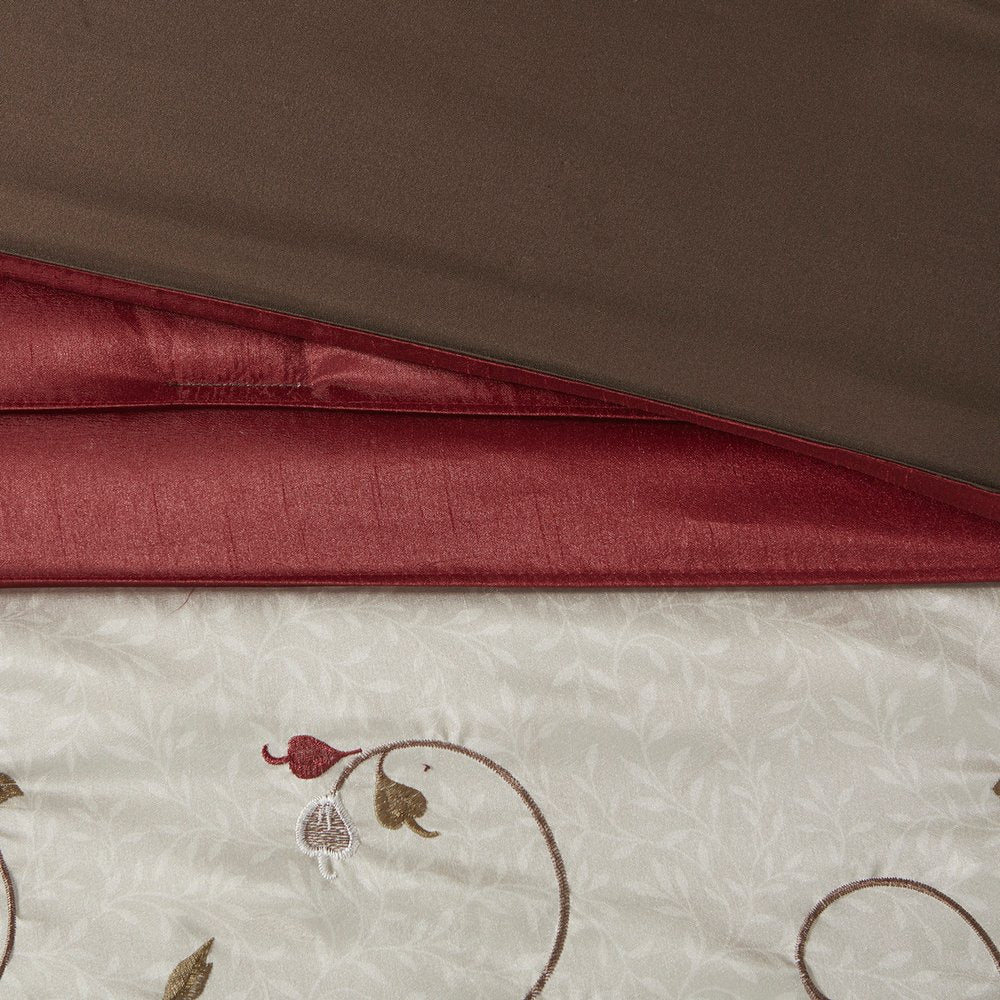 Set of Seven Red Brown And Ivory Floral King Ring Stitch Polyester Sham And Comforter HomeRoots