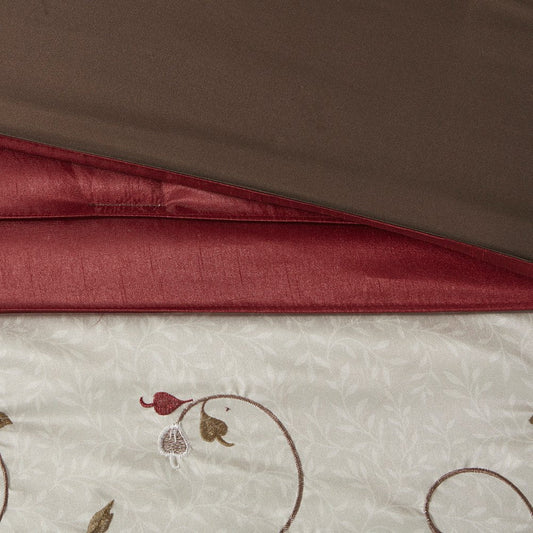 Set of Seven Red Brown And Ivory Floral King Ring Stitch Polyester Sham And Comforter HomeRoots