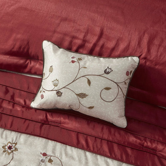 Set of Seven Red Brown And Ivory Floral King Ring Stitch Polyester Sham And Comforter HomeRoots