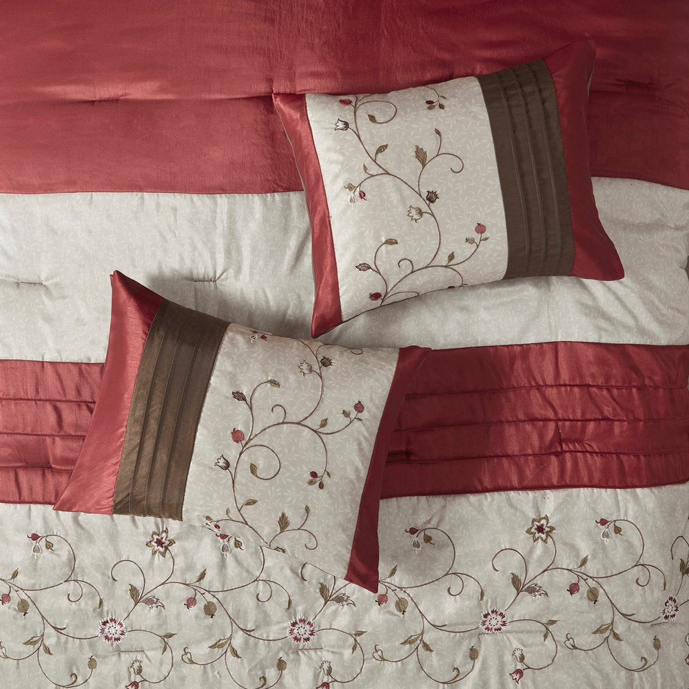 Set of Seven Red Brown And Ivory Floral King Ring Stitch Polyester Sham And Comforter HomeRoots