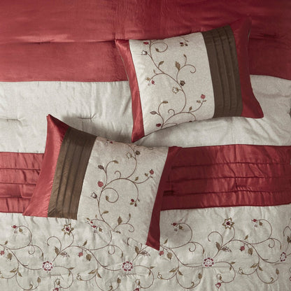Set of Seven Red Brown And Ivory Floral King Ring Stitch Polyester Sham And Comforter HomeRoots