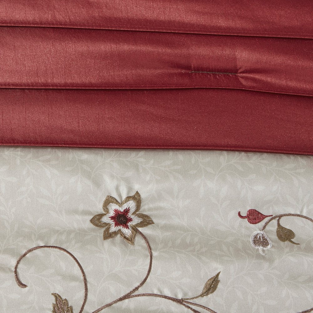 Set of Seven Red Brown And Ivory Floral King Ring Stitch Polyester Sham And Comforter HomeRoots