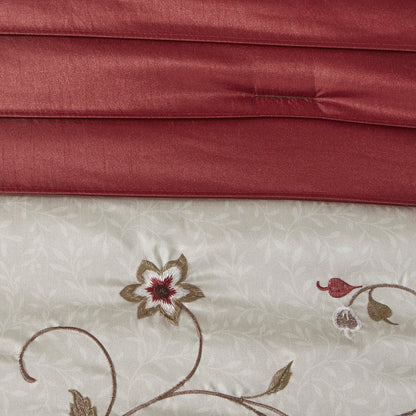 Set of Seven Red Brown And Ivory Floral King Ring Stitch Polyester Sham And Comforter HomeRoots