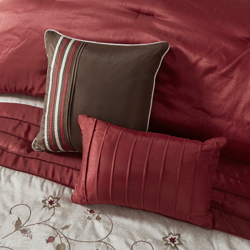 Set of Seven Red Brown And Ivory Floral King Ring Stitch Polyester Sham And Comforter HomeRoots