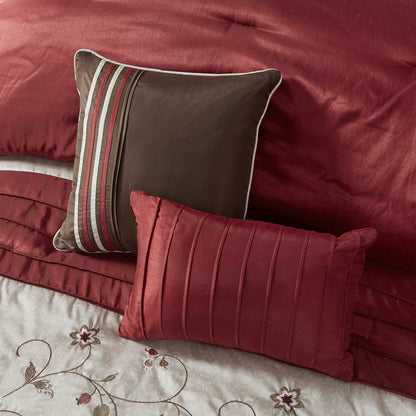 Set of Seven Red Brown And Ivory Floral King Ring Stitch Polyester Sham And Comforter HomeRoots