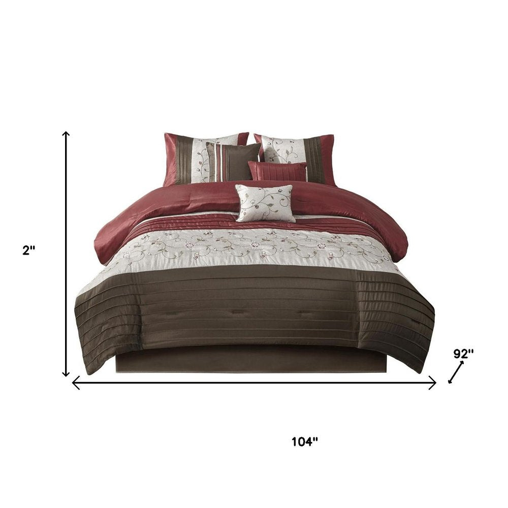 Set of Seven Red Brown And Ivory Floral King Ring Stitch Polyester Sham And Comforter HomeRoots