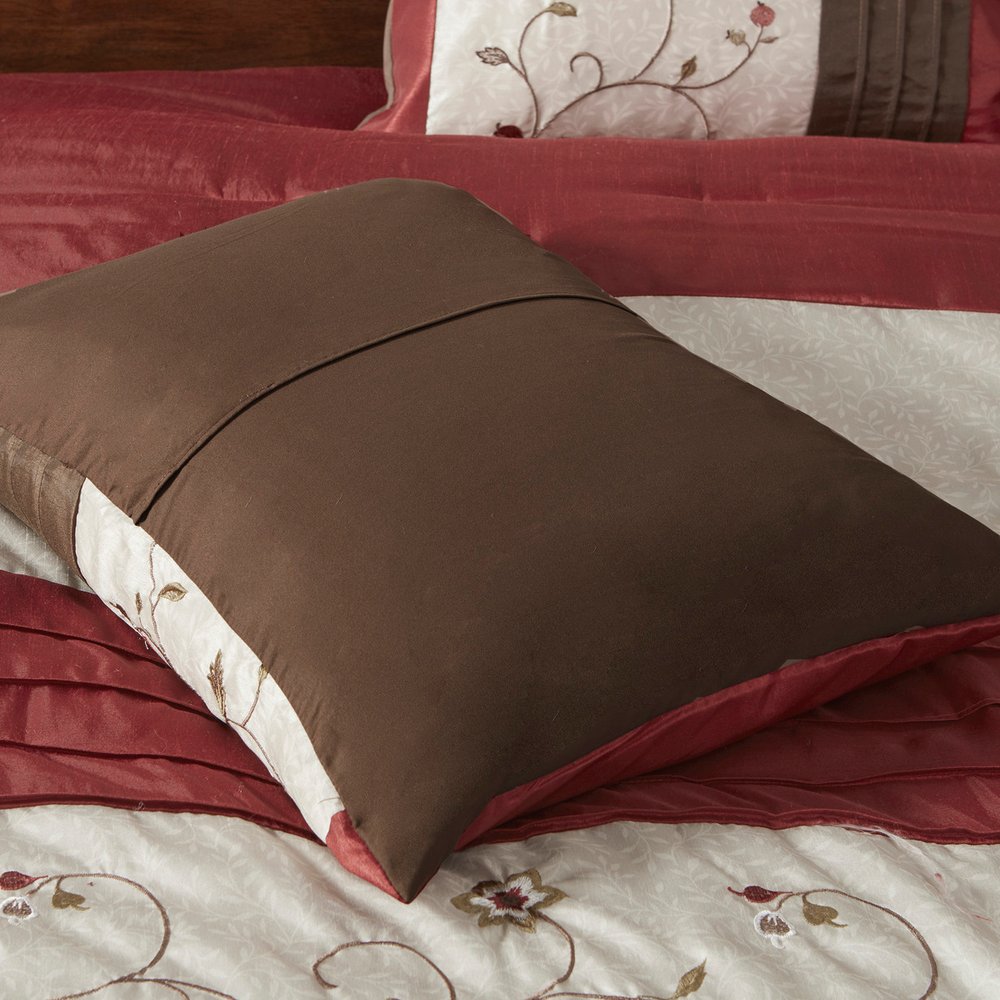 Set of Seven Red Brown And Ivory Floral King Ring Stitch Polyester Sham And Comforter HomeRoots