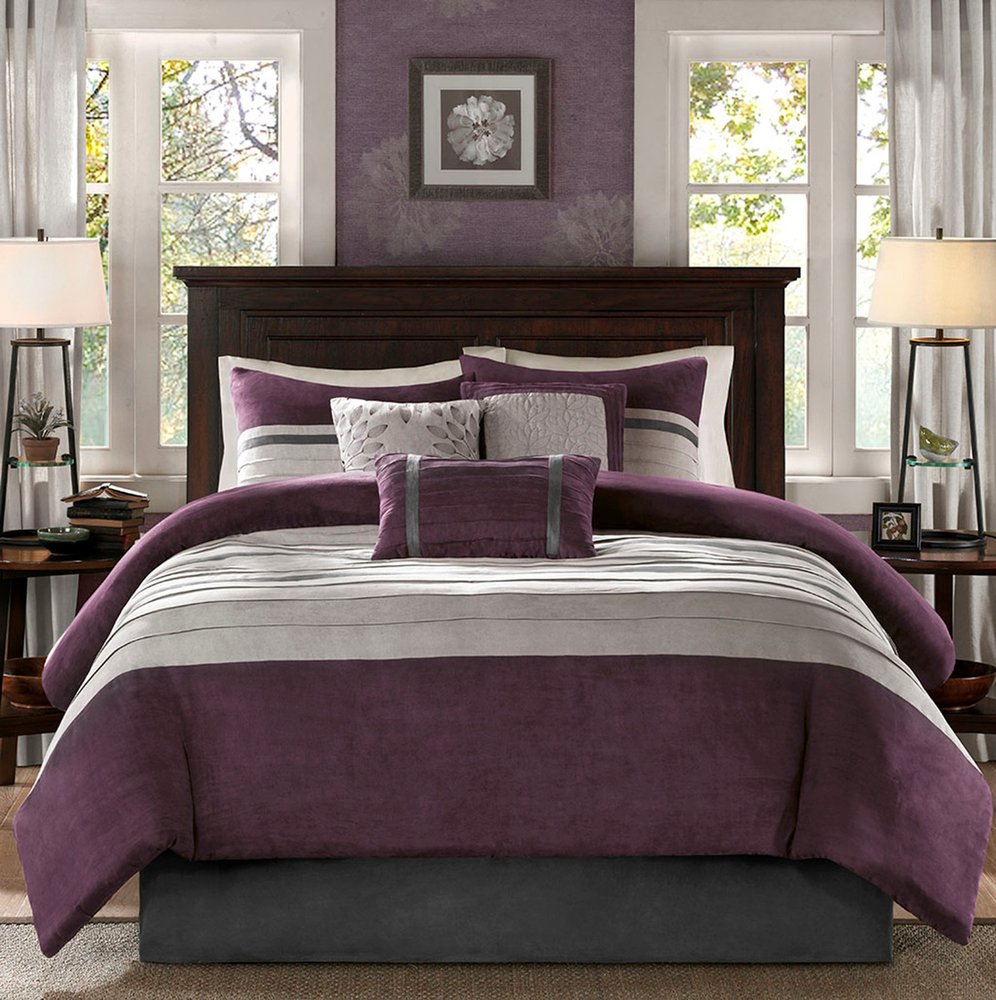 Set of Seven Purple And Gray Striped King Ring Stitch Polyester Sham And Comforter HomeRoots