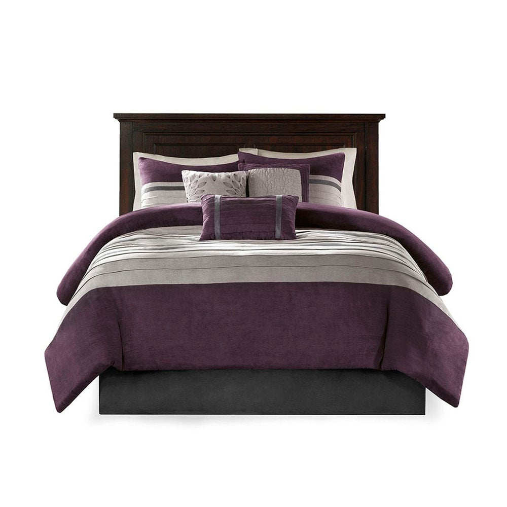 Set of Seven Purple And Gray Striped King Ring Stitch Polyester Sham And Comforter HomeRoots