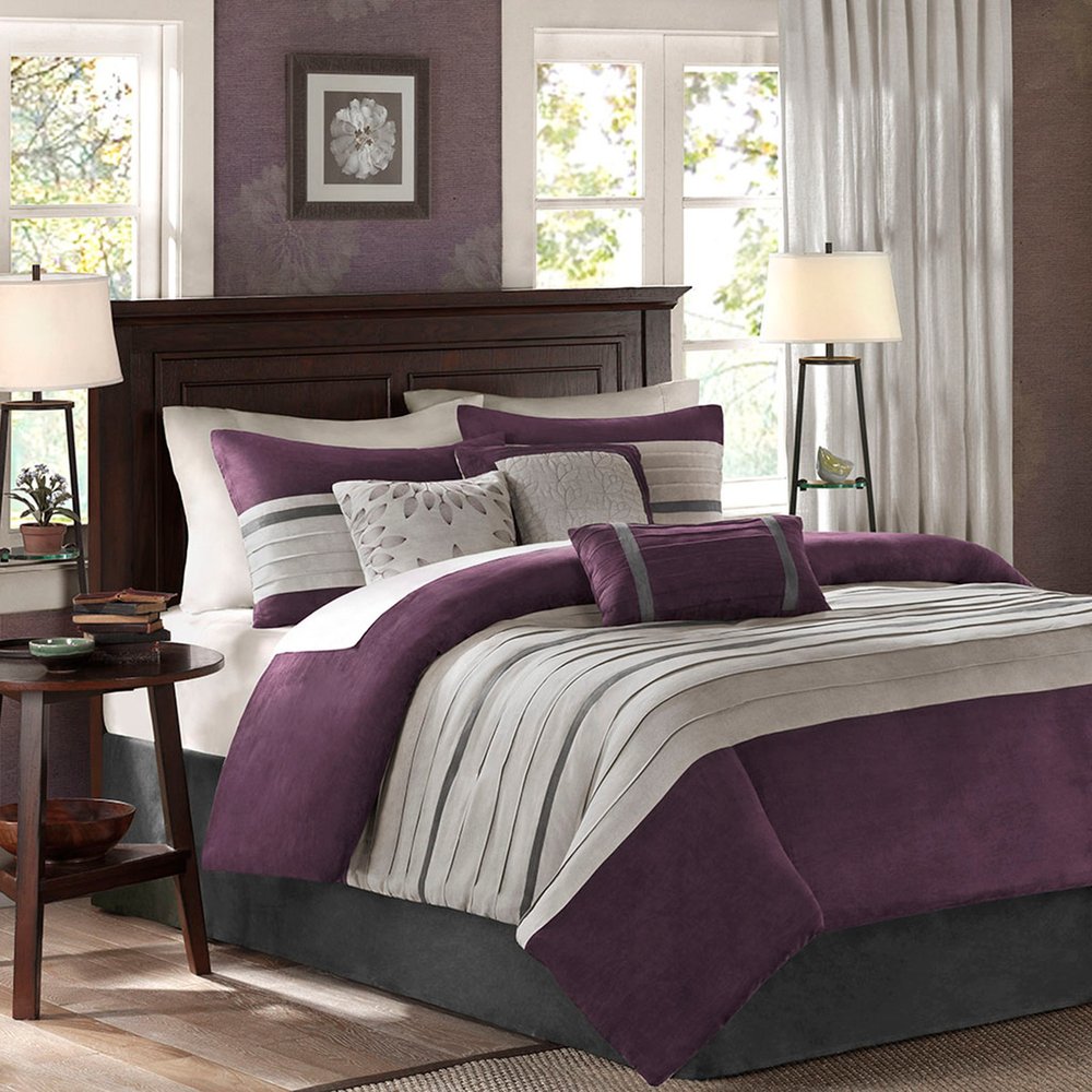 Set of Seven Purple And Gray Striped King Ring Stitch Polyester Sham And Comforter HomeRoots